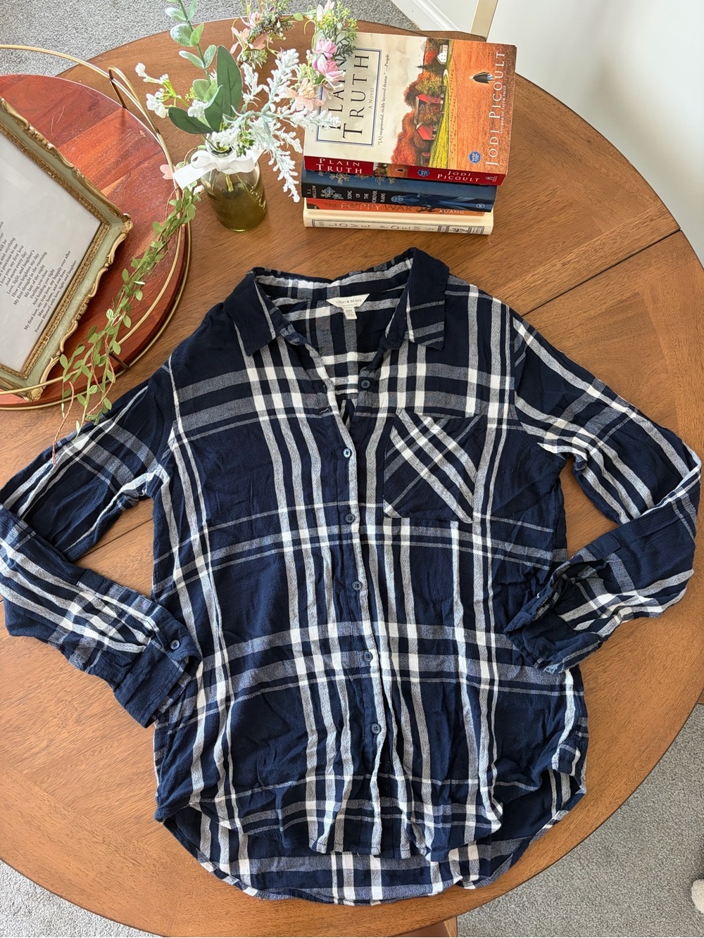 Lucky Brand Navy and White Plaid Button-Down Shirt